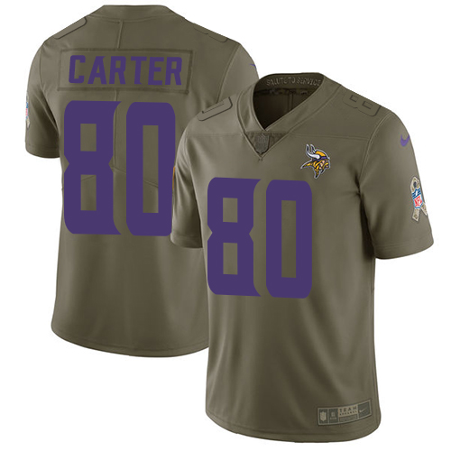 Nike Vikings #80 Cris Carter Olive Men's Stitched NFL Limited Salute to Service Jersey - Click Image to Close